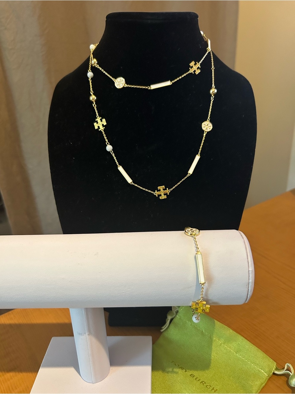 Tory Burch Gold Kira Enamel Logo Station Layered Necklace and Bracelet Set